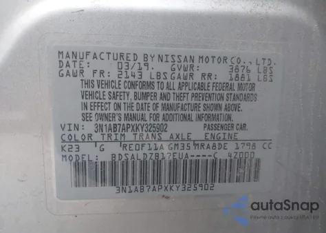 2019 Nissan Sentra Sv из США, поврежденный, VIN 3N1AB7APXKY325902